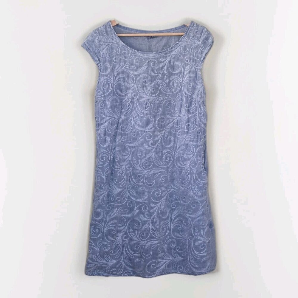 Lina Tomei Linen Dress XL Runs Small Blue Embroidered Pockets SS Linen Coastal